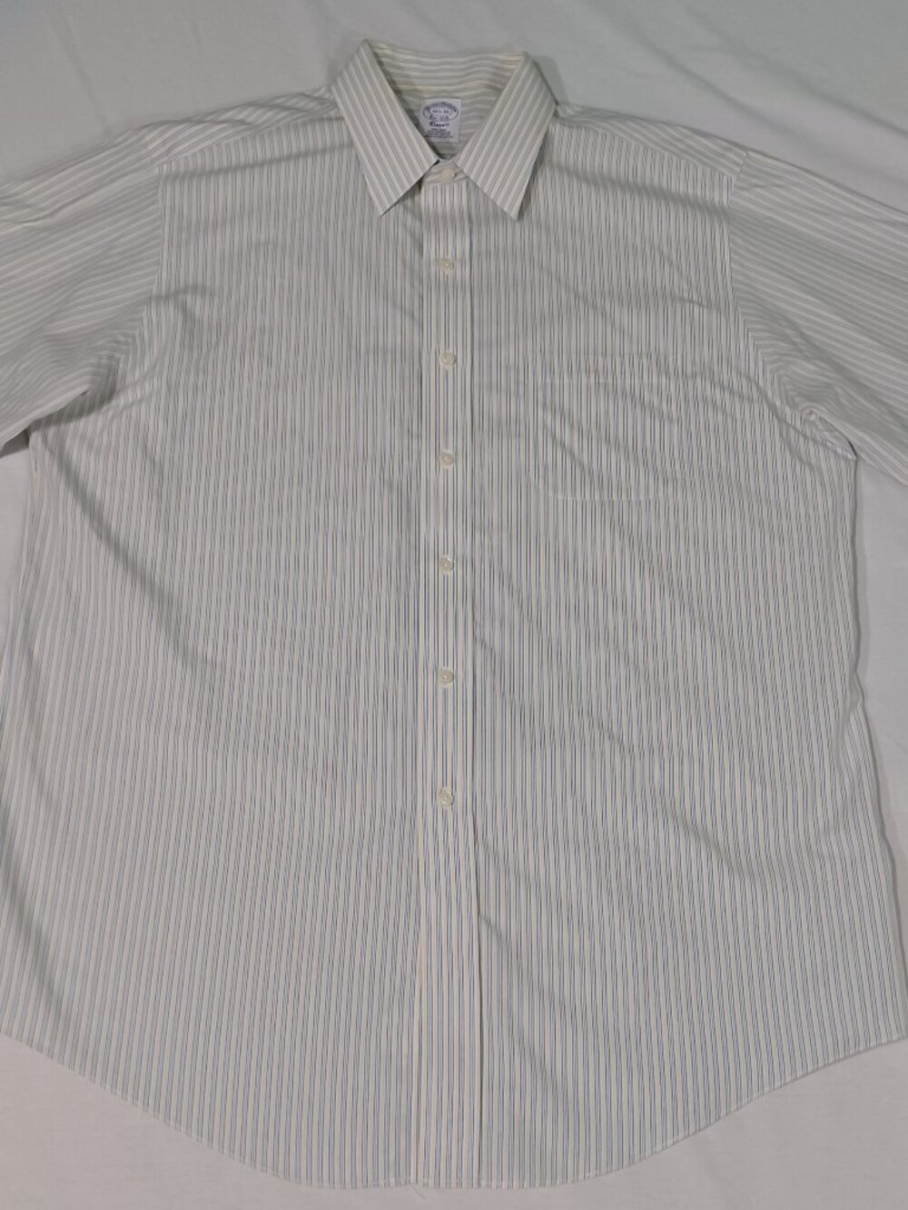 Brooks Brothers Men 16.5 33 Dress Shirt White Blue Yellow Stripe Non-Iron Supima